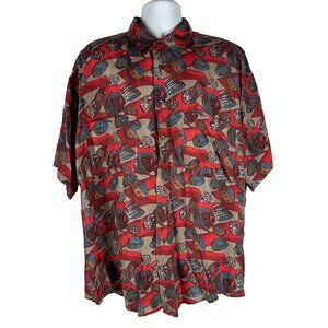 Impact Mens Large Silk Short Sleeve Button-Up Shirt With Tribal Drum Print